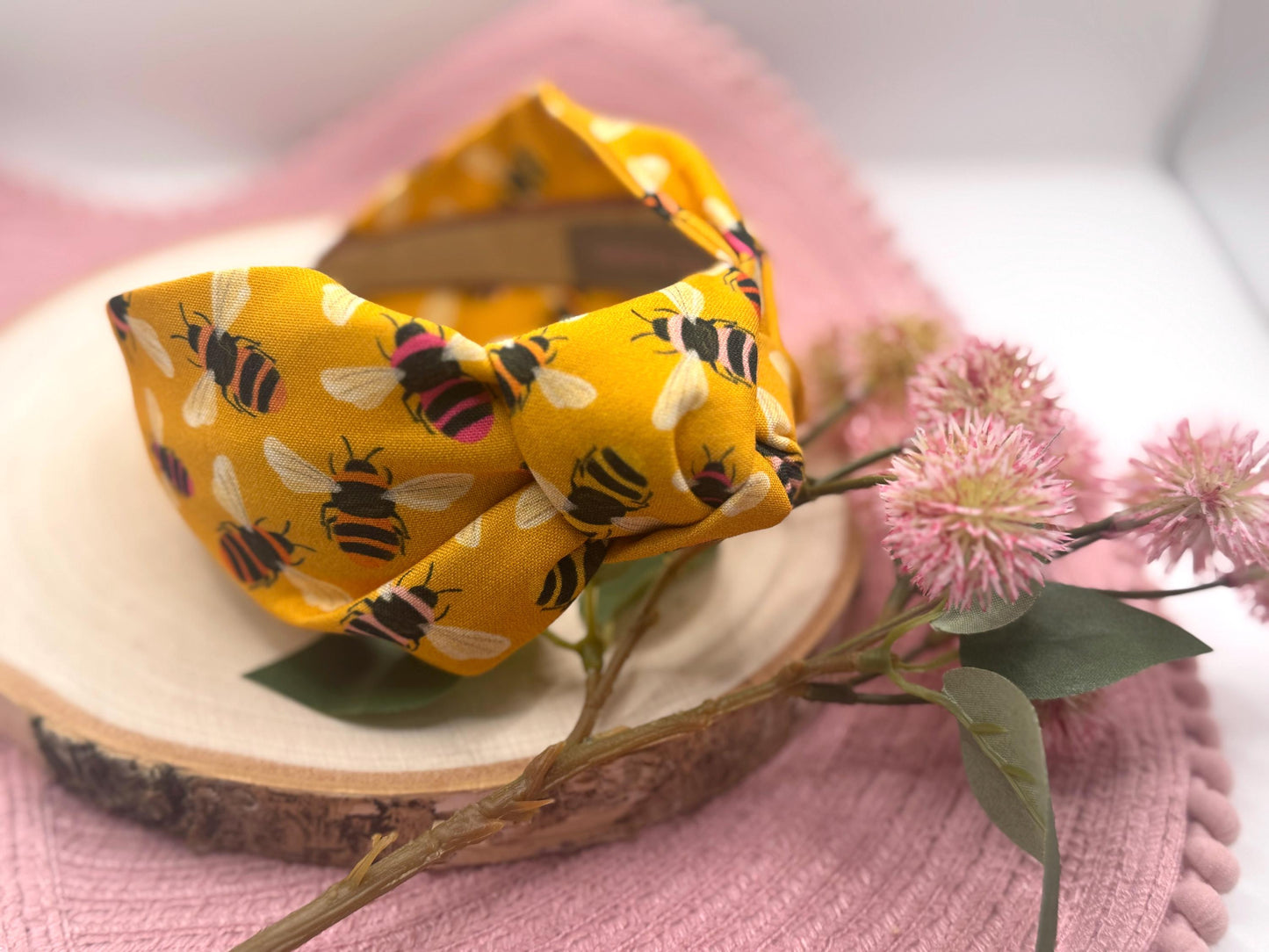 Mustard Yellow Bee Print Headband - Top Knot Headband - Handmade Headband - Festival Hair Acceaaory