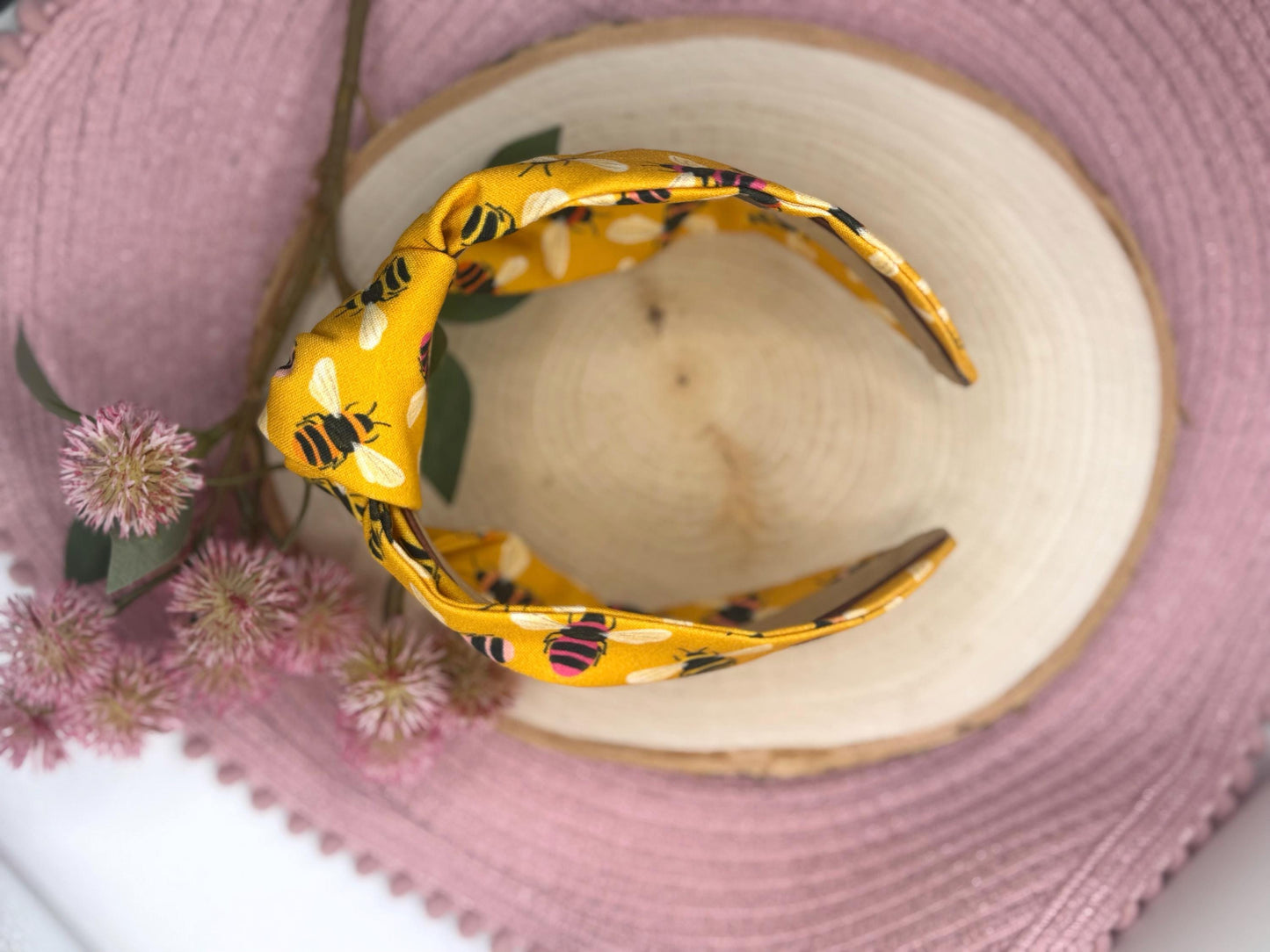 Mustard Yellow Bee Print Headband - Top Knot Headband - Handmade Headband - Festival Hair Acceaaory