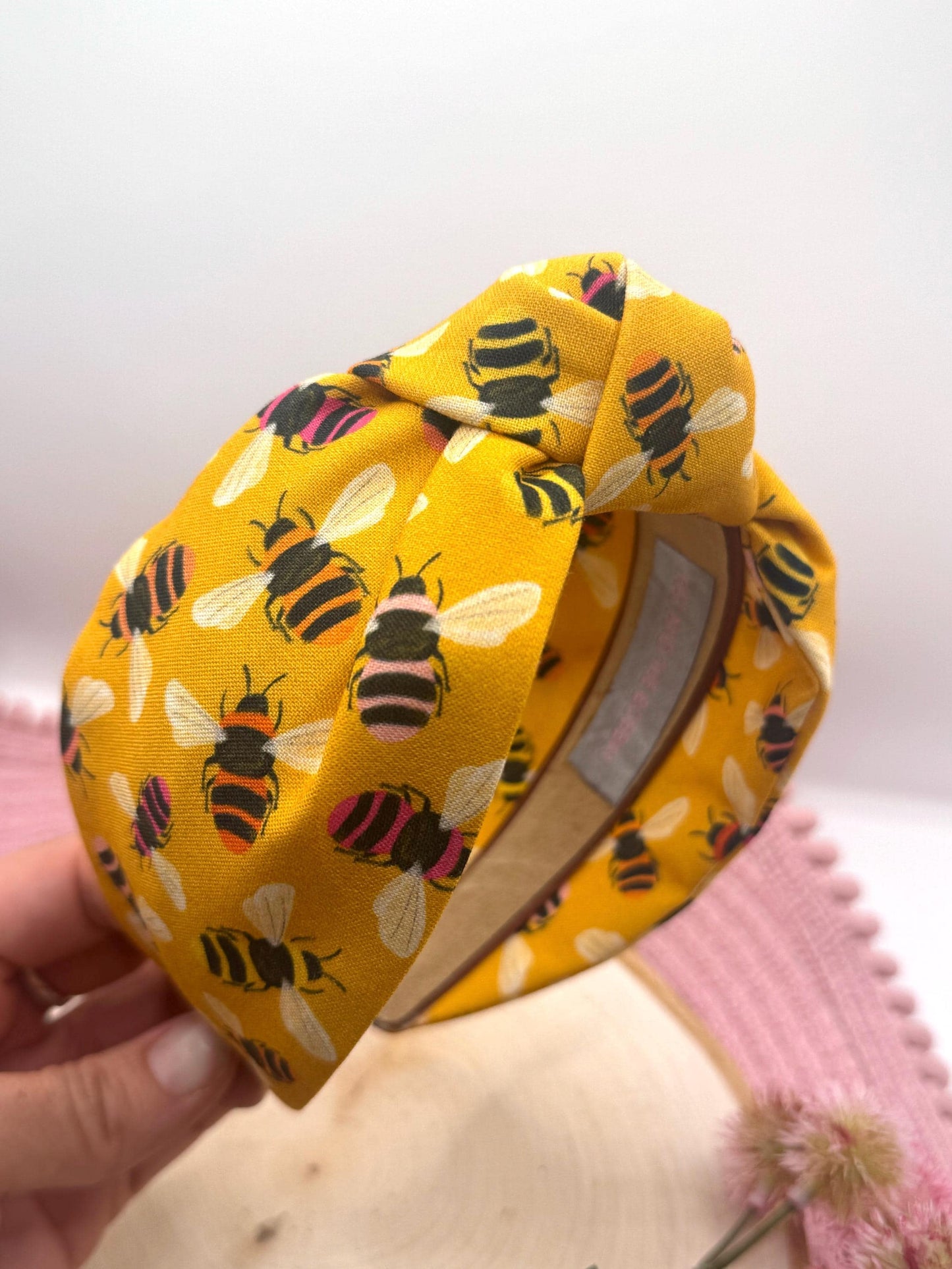 Mustard Yellow Bee Print Headband - Top Knot Headband - Handmade Headband - Festival Hair Acceaaory