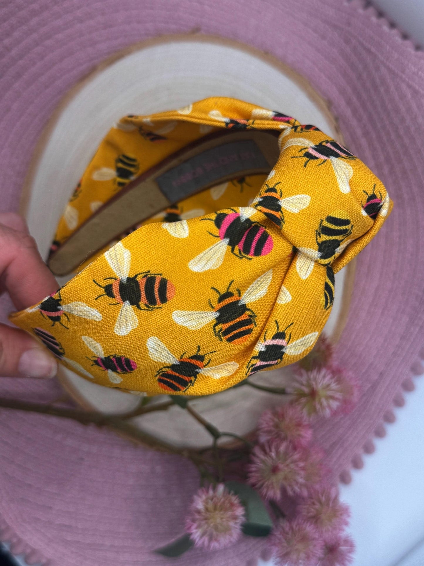 Mustard Yellow Bee Print Headband - Top Knot Headband  - Handmade Headband - Festival Hair Acceaaory